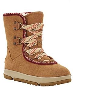 UGG Tan Lace Up Boots with Red Accents